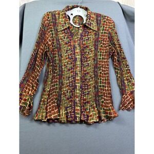 Essentials By Milano Women Pleated Geometric Mosaic Print Button Up Blouse Large